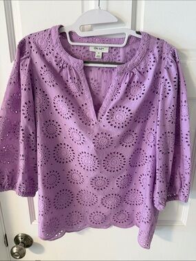 On 34th Women's Lavender Cotton Eyelet Puff-Sleeve Peasant Blouse Size M